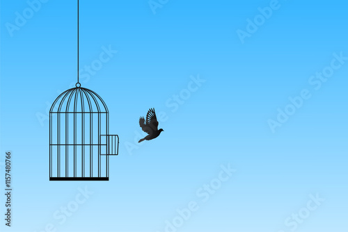 Εκτύπωση καμβά An elegant depiction of a bird escaping an open cage into the vast blue sky, symbolizing independence, hope, and new beginnings, perfect for creative and symbolic applications