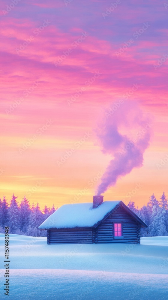 A cozy house situated right in the center of vast snowy field, with warm smoke gently wafting up from its chimney as the sun sets on horizon. Sunrise or sunset in romantic nature settings. poster A cozy house situated right in the center of vast snowy field, with warm smoke gently wafting up from its chimney as the sun sets on horizon. Sunrise or sunset in romantic nature settings. poster