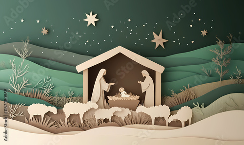 Nativity Scene Paper Art: A serene depiction of the Christmas nativity scene in a whimsical paper art style, capturing the essence of hope and faith.