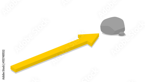 A yellow arrow pointing at a gray stone on a white background. An obstacle in the path that does not allow you to continue.