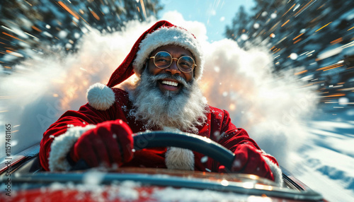 A cheerful black African American Santa joyfully drives fast a red futuristric sled through a sunlit forest, clouds of snow swirl and blast while festive lights spark and streak around. Copy space