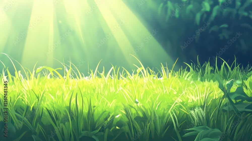 Obraz premium Sunlit green meadow: vibrant natural background with glowing sunrays and lush grass