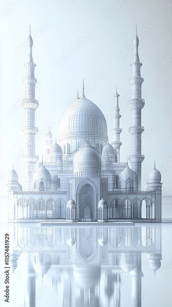 Obraz premium meticulously detailed white model of a grand mosque with multiple minarets and a reflective base Islamic architecture serene peaceful atmosphere