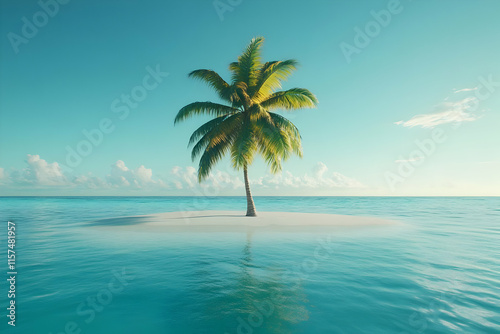 Single palm tree on a small sandy island in a tranquil turquoise ocean under a clear blue sky.