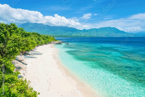 Aerial View of Scenic Tropical Beach of Karapyak with White Sand. photo