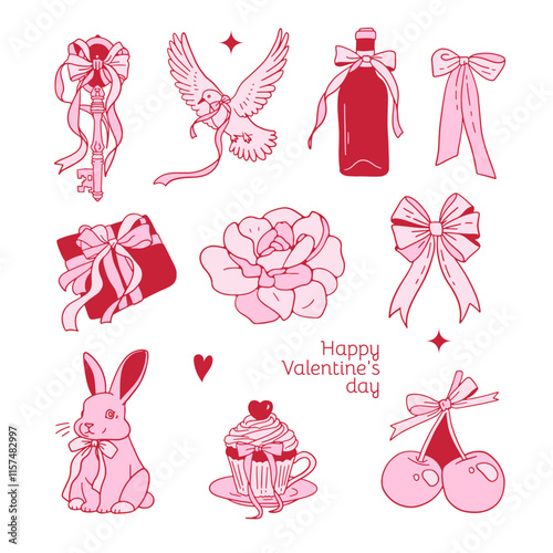 Coquette vintage stickers set with satin bows and ribbons in y2k girly style. Girly pink collection with dove, wine, rose, cherry and bunny. Vector romantic illustration
