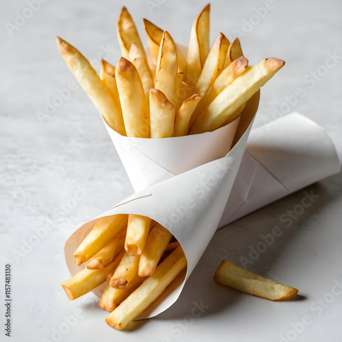 Paper cornet with French fries in a spiral cone holder