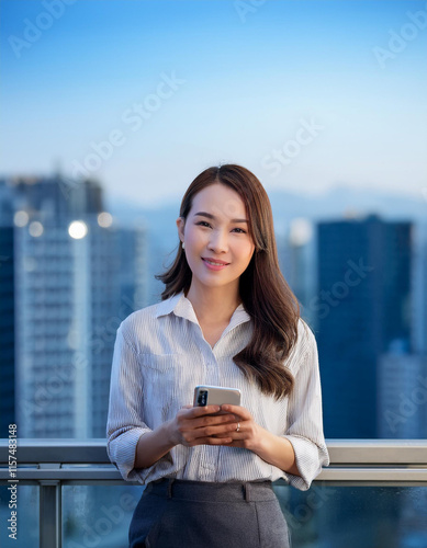 都会のビル街の景色が広がる屋上でスマートフォンを使っている笑顔の若いビジネスウーマン（Smiling young businesswoman using her smartphone on a rooftop with a view of the city's skyline）
 photo