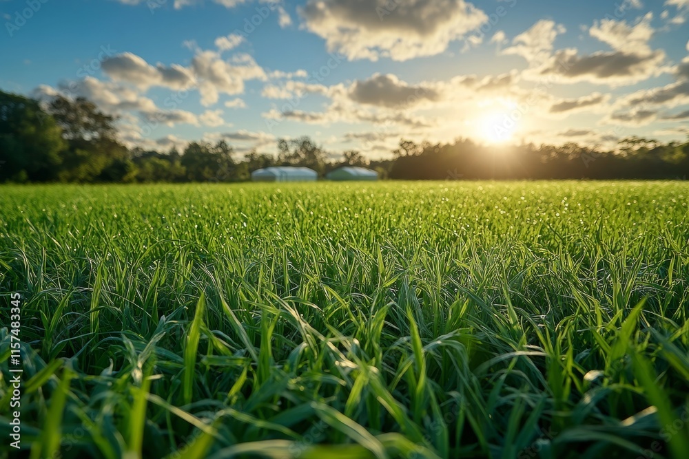 A green field with tall grass, showcasing a small bioenergy plant in the background producing clean. Generative AI A green field with tall grass, showcasing a small bioenergy plant in the background producing clean. Generative AI