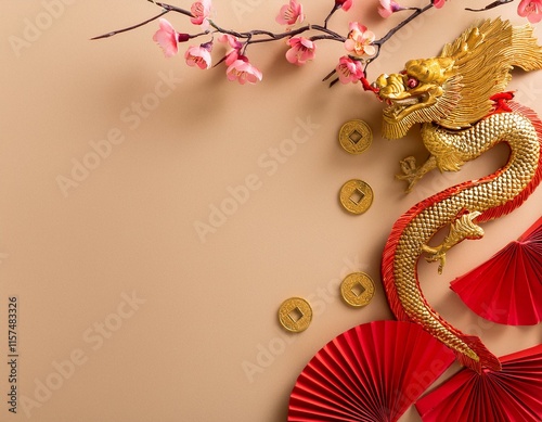 Chinese New Year
greeting card. Bright red asian year of the dragon background with golden dragon figurine, Chinese lanterns, traditional jewelry, gifts, coins, cookies with wishes, copy space