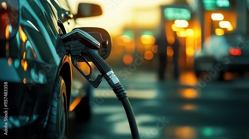 Rising fuel prices at a gas station with concerned commuters in the background, reflecting inflation s impact on transportation photo