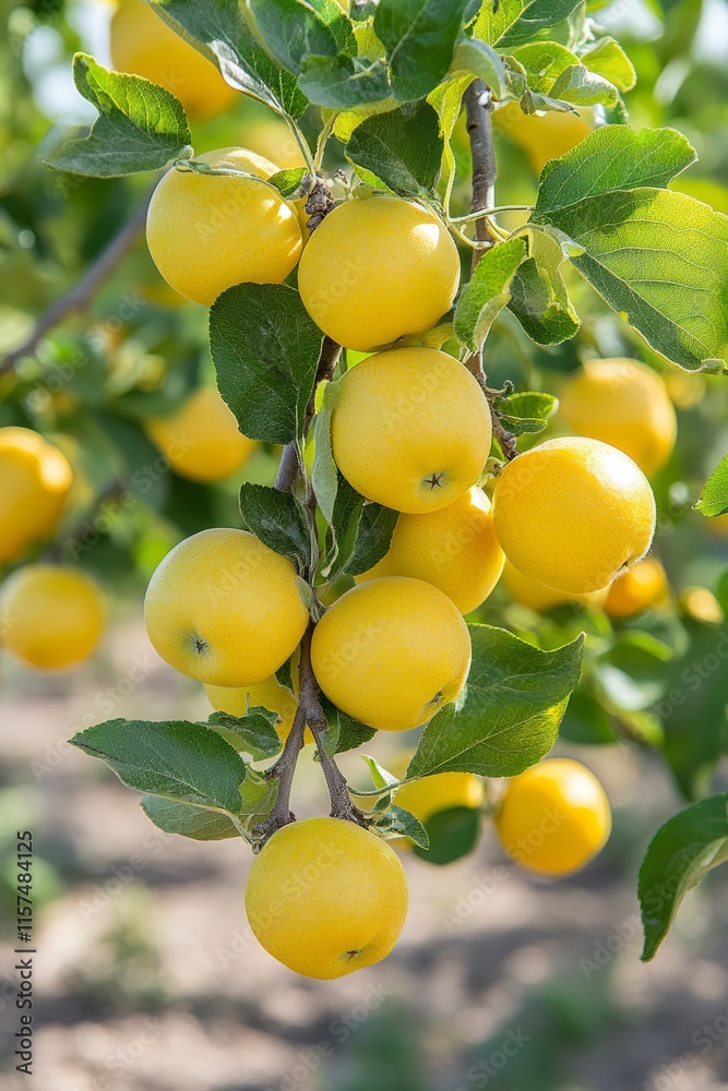Harvest of ripe juicy yellow apples on a branch in the garden, agribusiness business concept, organic healthy food and non-GMO fruits with copy space , vertical Harvest of ripe juicy yellow apples on a branch in the garden, agribusiness business concept, organic healthy food and non-GMO fruits with copy space , vertical