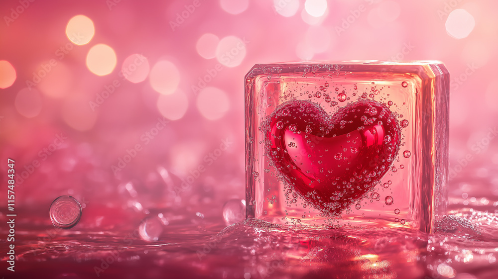 Illustration of surreal Valentine's Day scene with a glowing red heart floating inside a transparent cube filled with water Illustration of surreal Valentine's Day scene with a glowing red heart floating inside a transparent cube filled with water
