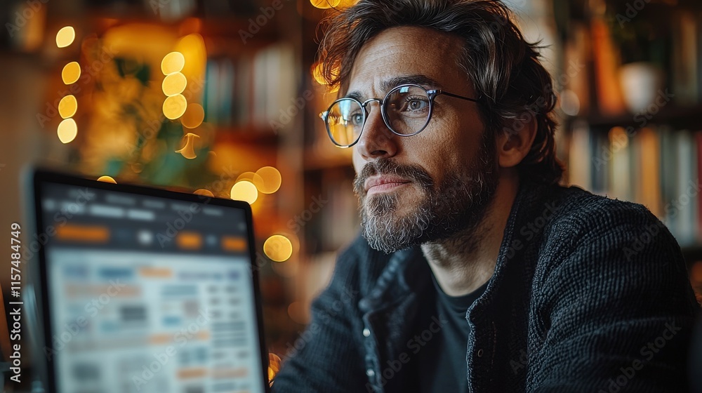 Man Contemplating Laptop Screen at Night Man Contemplating Laptop Screen at Night