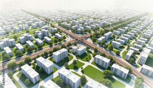 Urban planning blueprint displays city layout. Residential commercial, industrial zones clearly defined. Transportation routes, green spaces integrated into design. Sustainable city development photo