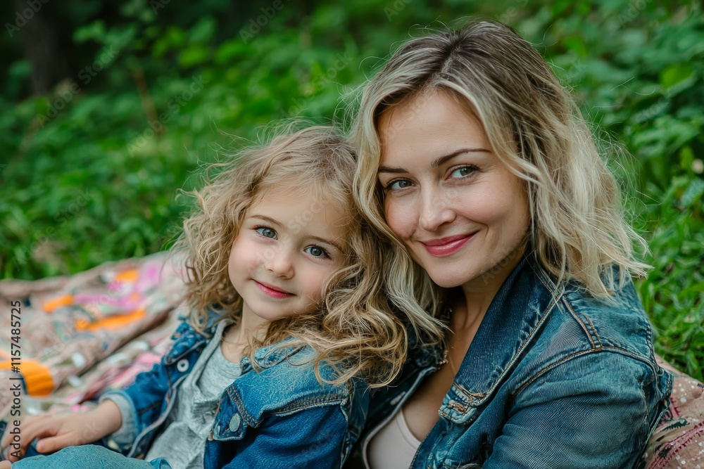 The caucasian family has fun in the park. The girl and mother sit on a blanket and rest.