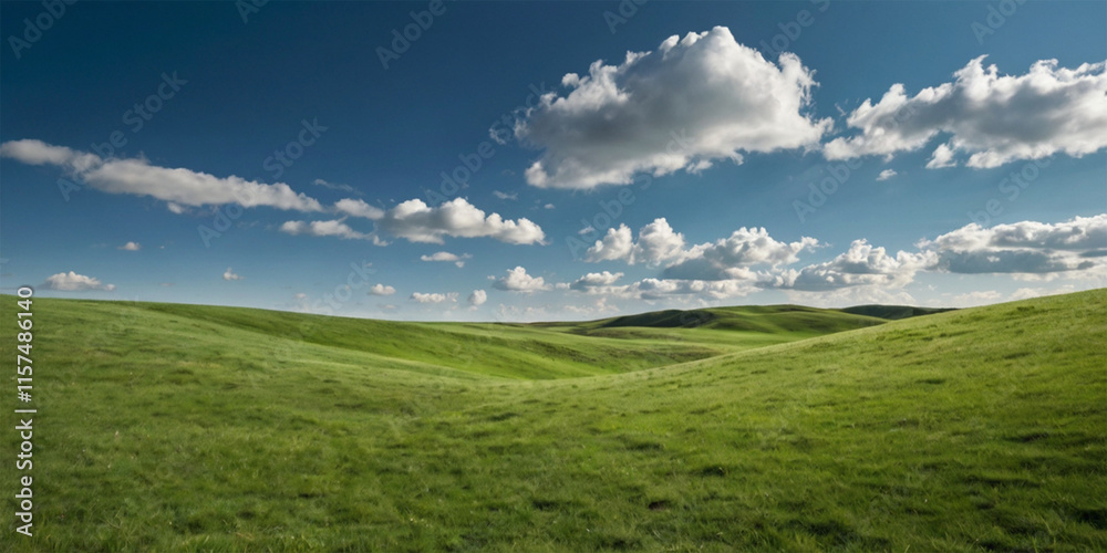 A vibrant green meadow stretches towards a boundless blue sky, dotted with fluffy white clouds A vibrant green meadow stretches towards a boundless blue sky, dotted with fluffy white clouds