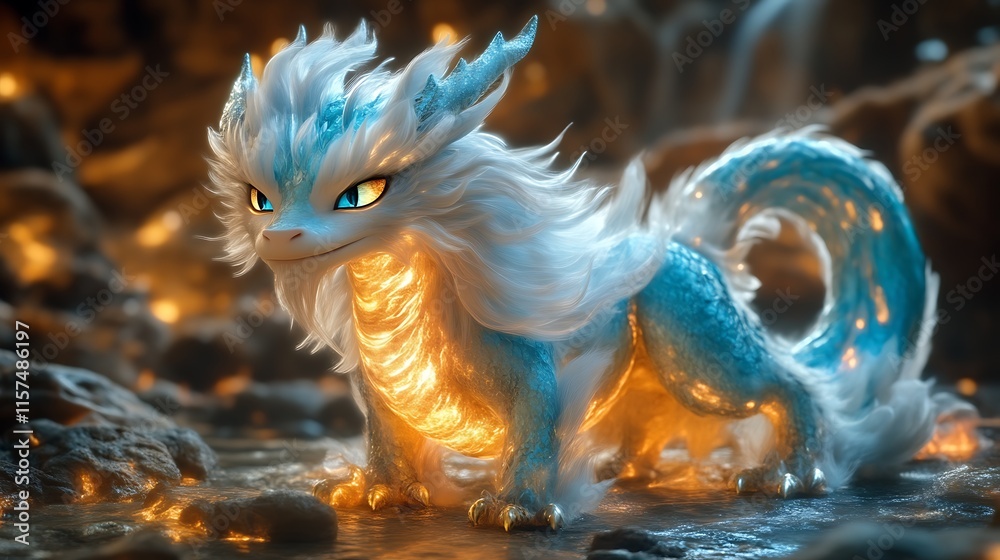 Fototapeta premium Luminous Azure Dragonlet By Glimmering Stream