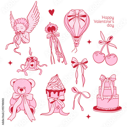 Pink girly coquette y2k aesthetic hand drawn elements set, elegant vintage clipart. Lovely cute collection - cherry, pink ribbon, bows, cake, ice cream, teddy, balloon, cupid. Vector illustration