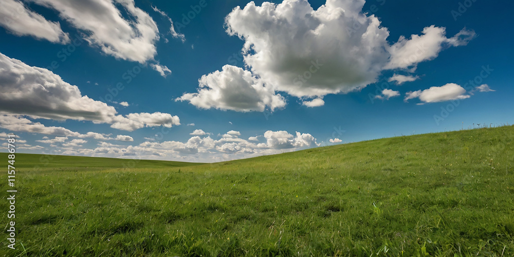 A vibrant green meadow stretches towards a boundless blue sky, dotted with fluffy white clouds A vibrant green meadow stretches towards a boundless blue sky, dotted with fluffy white clouds