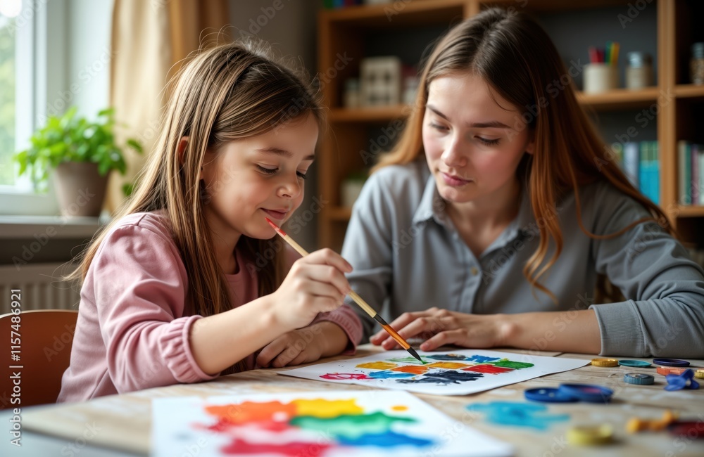 Fototapeta premium Young girl with Down syndrome paints during individual art lesson at home. Young woman teacher guides, helps. Girl chooses watercolor paints from palette. Focused on creating art. Indoor domestic