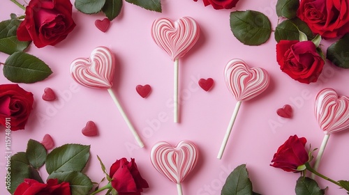 Piruletas en forma de corazón, rosas rojas y decoraciones románticas sobre fondo rosa, ideal para San Valentín o celebraciones de amor photo