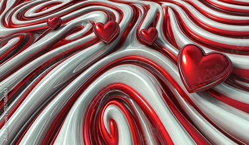 A bold and dynamic abstract design featuring glossy red hearts set on a flowing surface of red and white swirling patterns. The wavy texture is reminiscent of candy stripes, creating a sense of moveme photo