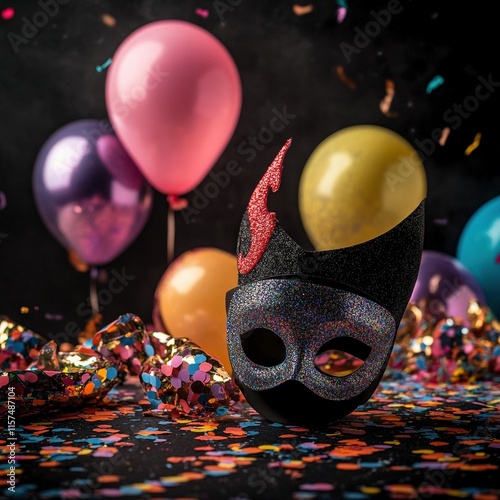 Máscara negra con detalles brillantes rodeada de globos y confeti colorido en una escena festiva sobre fondo oscuro photo