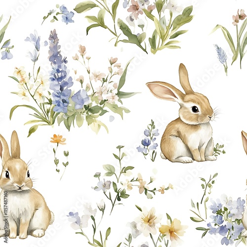A seamless pattern with watercolor cute bunnies, easter pattern