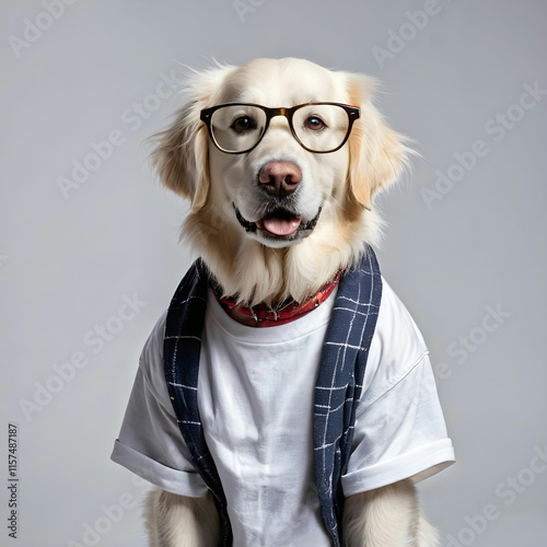 White golden retriever posing in studio with street clothes and glasses, musical artist look