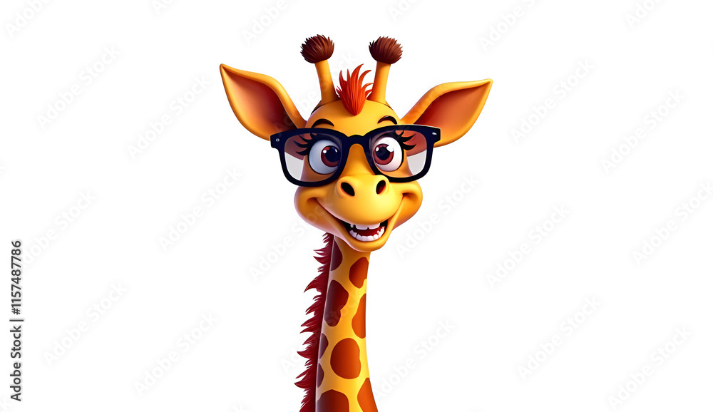 Fototapeta premium Funny cartoon giraffe with sunglasses isolated on white background, Generative AI