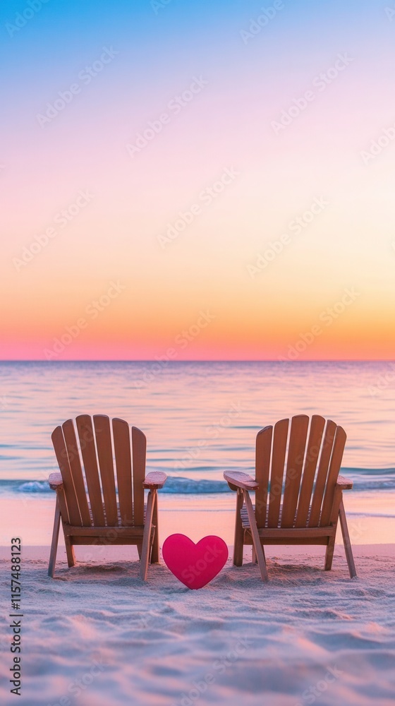 On the serene beach at sunset, two chairs sit side by side, accompanied by a heartshaped symbol, creating a romantic atmosphere. Sunrise or sunset in romantic nature settings. poster On the serene beach at sunset, two chairs sit side by side, accompanied by a heartshaped symbol, creating a romantic atmosphere. Sunrise or sunset in romantic nature settings. poster