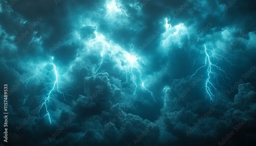 Fototapeta premium Electric Storm, Vibrant Blue Lightning Flashes Across Dark Stormy Sky, Dramatic Nature Visualization