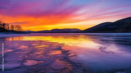 Beautiful orange sunlight paints the sky and clouds as the sun dips below the horizon, reflecting on the calm water of the lake photo