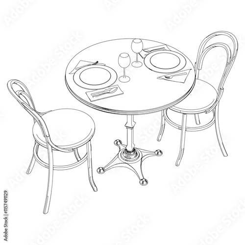 Round table and chair vector set. Restaurant chair and table. Outline illustration for coloring book, interior projects, designers.