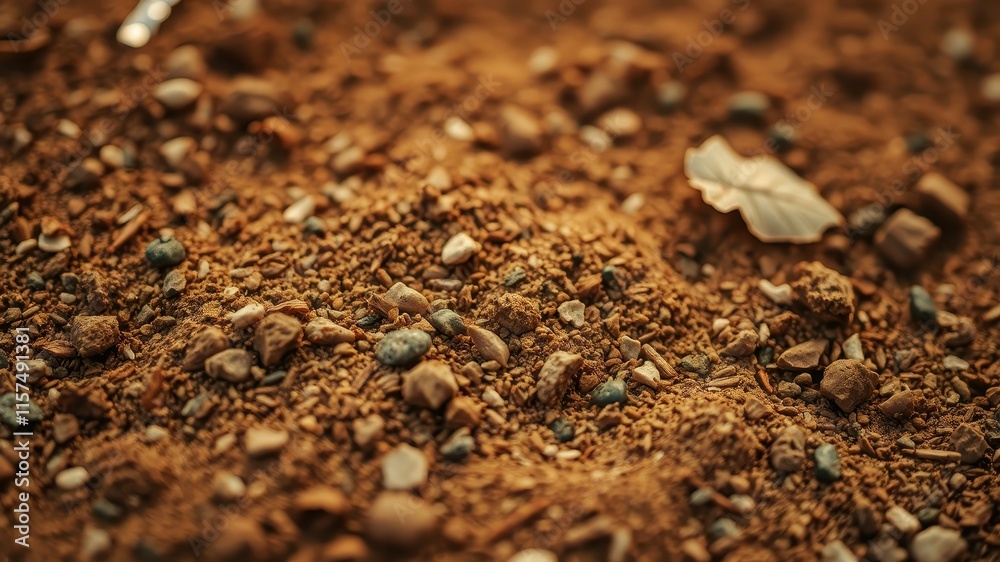 Close-up view of granular soil texture with small stones and a fallen leaf Close-up view of granular soil texture with small stones and a fallen leaf