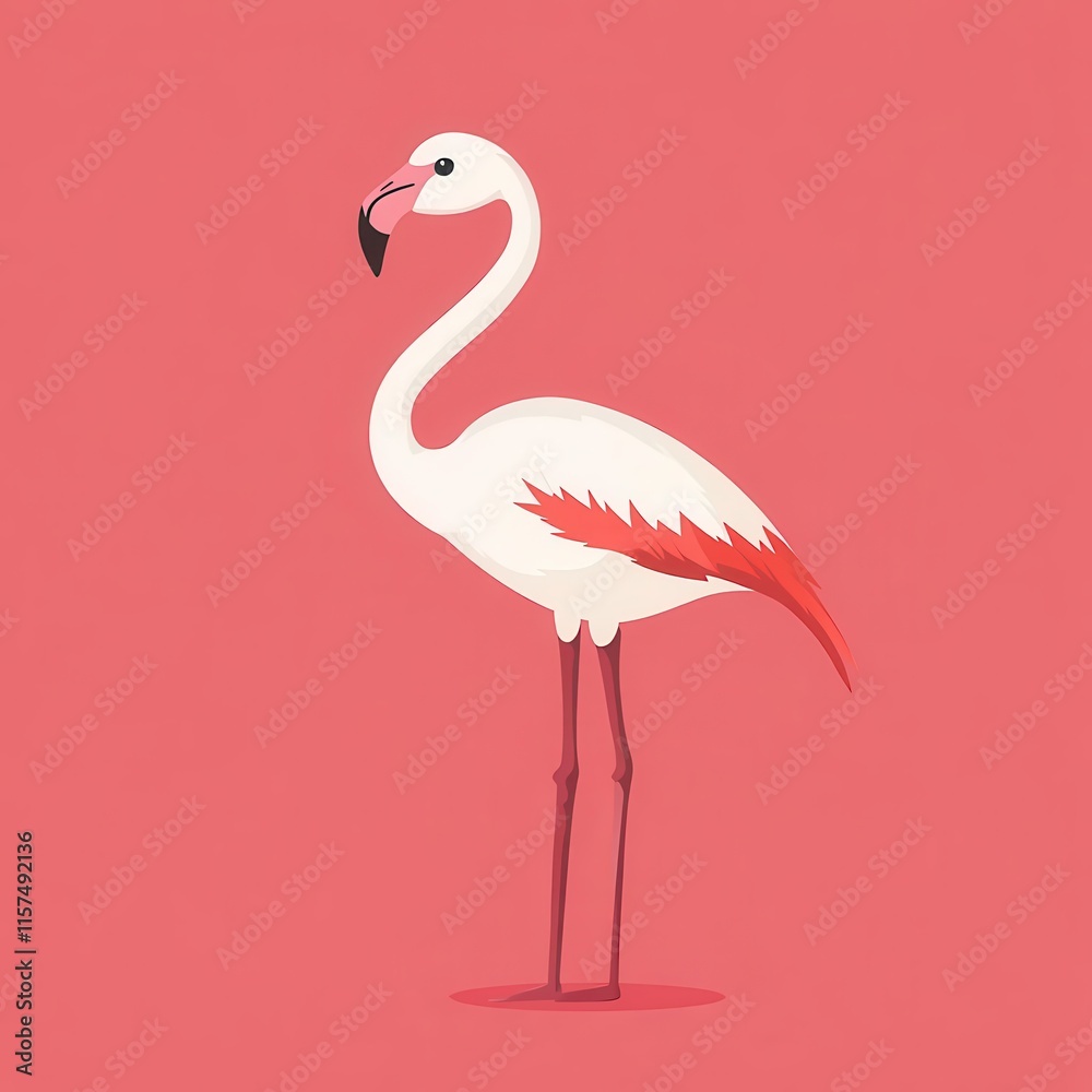 Obraz premium A flat cartoon flamingo chick is depicted in profile, standing gracefully on one leg against a solid pink background, with a simple and minimalistic color scheme.