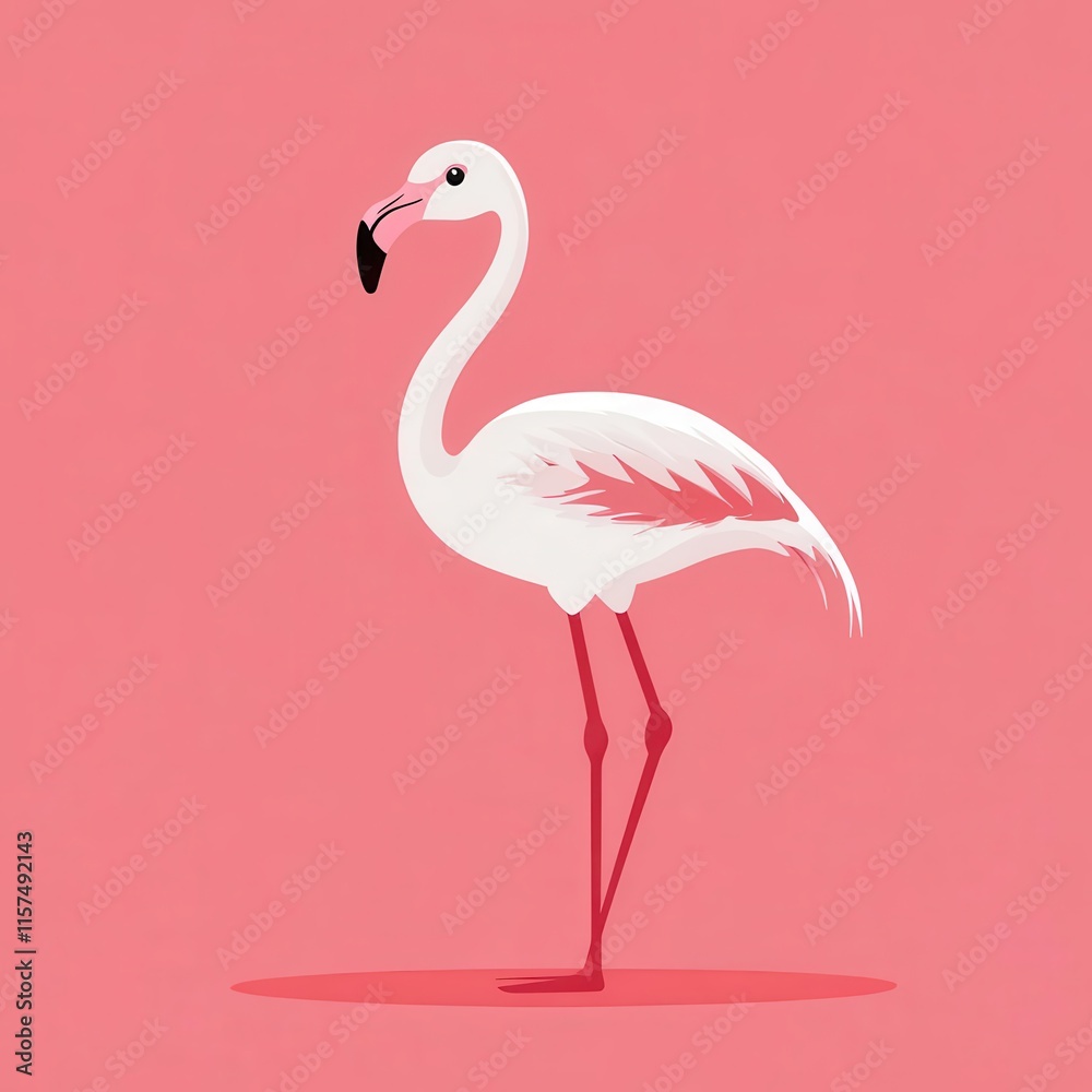 Fototapeta premium Flat cartoon flamingo chick in profile standing on one leg, solid pink background, simple flat and minimalistic color scheme.