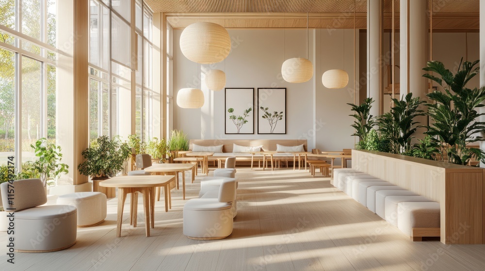 Fototapeta premium Modern minimalist cafe interior with natural light, wooden furniture, and plants.