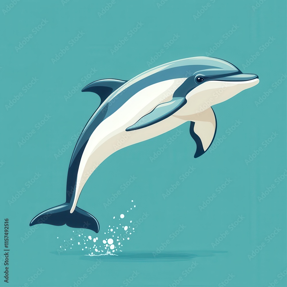 Fototapeta premium Cartoon dolphin in profile jumping out of water, solid teal background, smooth flat and solid color style with a playful splash.