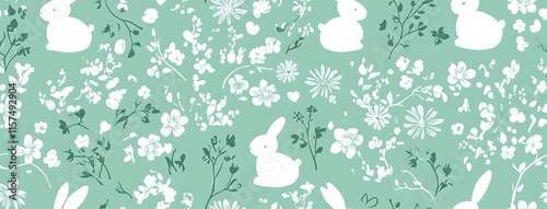 cottage-core Easter seamlesss pattern with white floral elements and bunnies photo