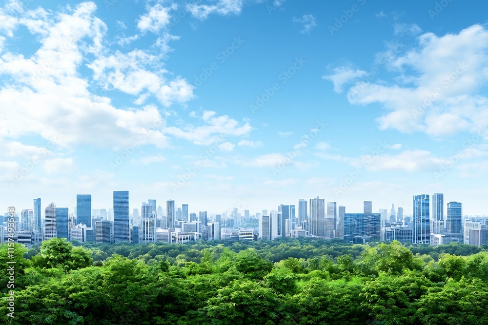 Impressive Cityscape with Towering Skyscrapers and Lush Green Treetops Impressive Cityscape with Towering Skyscrapers and Lush Green Treetops