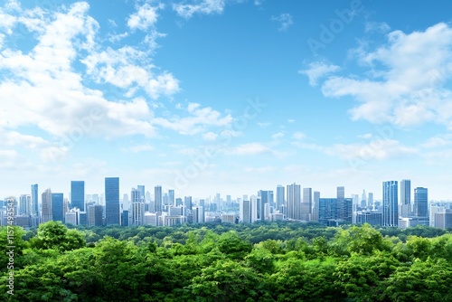 Impressive Cityscape with Towering Skyscrapers and Lush Green Treetops photo