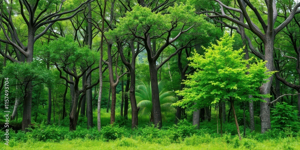 Lush Green Forest with Vibrant Trees and Dense Foliage under Soft Natural Light, Inviting Tranquility and Serenity in a Peaceful Outdoor Setting Lush Green Forest with Vibrant Trees and Dense Foliage under Soft Natural Light, Inviting Tranquility and Serenity in a Peaceful Outdoor Setting