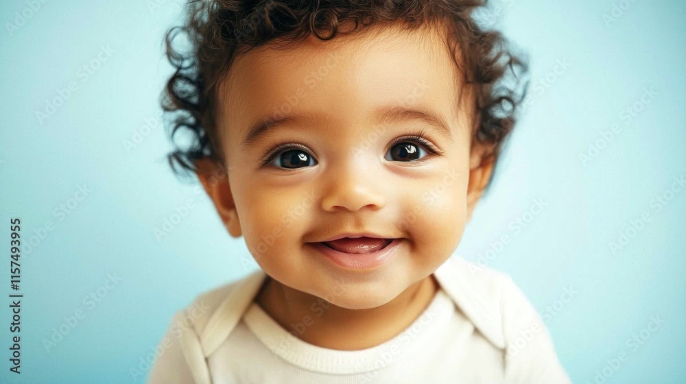 A smiling baby with curly hair against a light blue background. A smiling baby with curly hair against a light blue background.