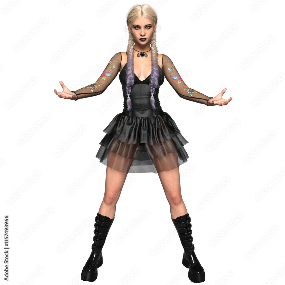 3D rendered fictional gothic female character with blonde long braids isolated on transparent background 3D rendered fictional gothic female character with blonde long braids isolated on transparent background