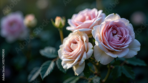 Romantic Pastel Roses in Dark Garden: Elegant Fine Art for Valentine's Cards, Wedding Invitations, and Decor