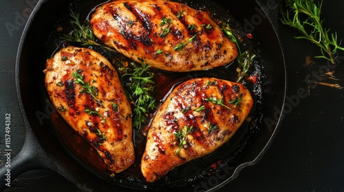Perfectly grilled chicken breasts displayed in a skillet with fresh herbs, showcasing a deliciously glazed surface ideal for culinary presentations and food inspiration.
