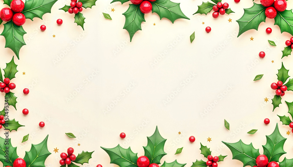 Decorative holly frame with red berries and leaves on light background Decorative holly frame with red berries and leaves on light background