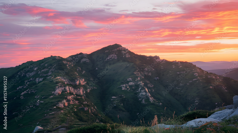 Obraz premium A photo of a mountain range during sunset.